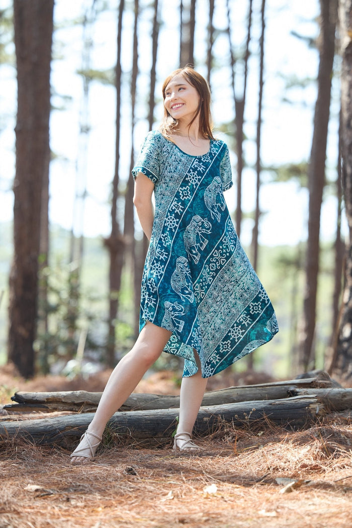Teal Elephant Fabric Dress with Sleeves and Two Pockets - Lannaclothesdesign Shop