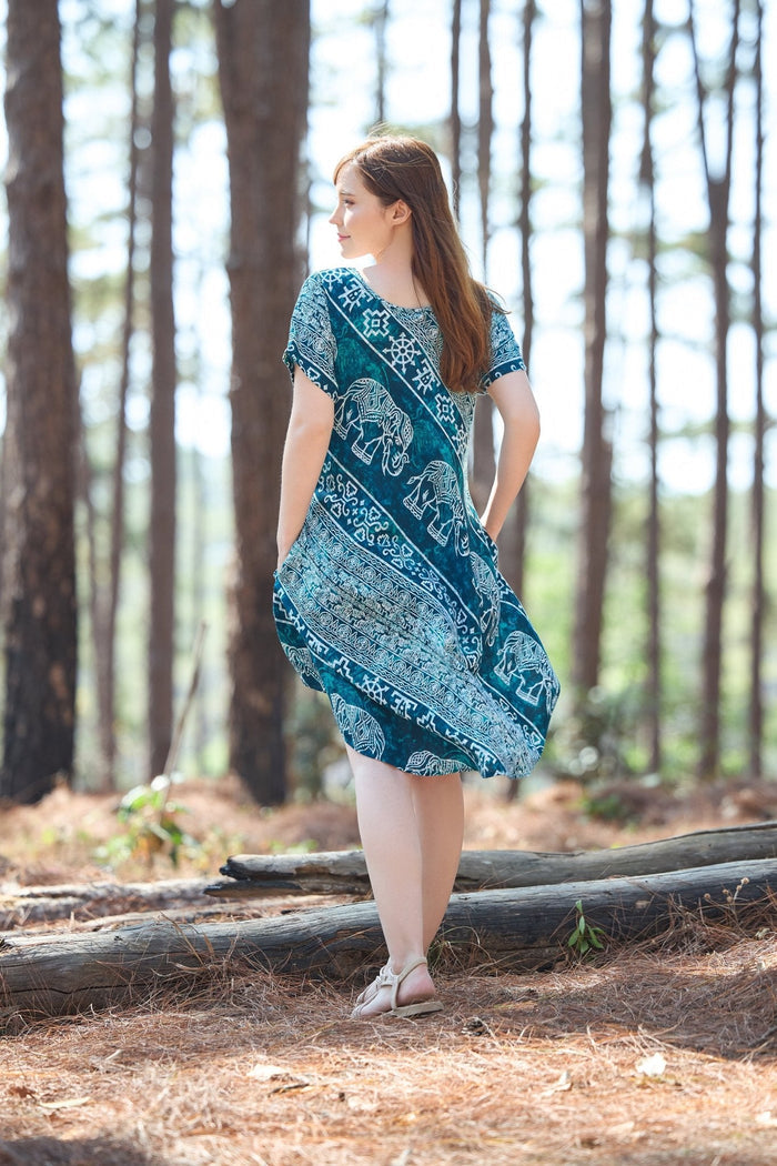 Teal Elephant Fabric Dress with Sleeves and Two Pockets - Lannaclothesdesign Shop