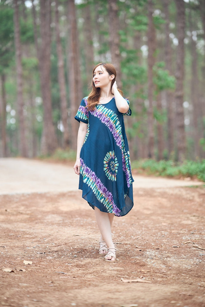 Teal Printed Colorful Dress with Sleeves and Two Pockets - Lannaclothesdesign Shop