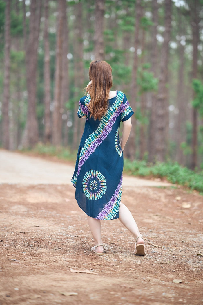 Teal Printed Colorful Dress with Sleeves and Two Pockets - Lannaclothesdesign Shop