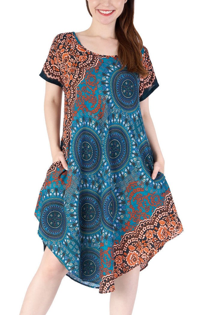 Teal Rose Circle Fabric Dress with Sleeves and Two Pockets - Lannaclothesdesign Shop