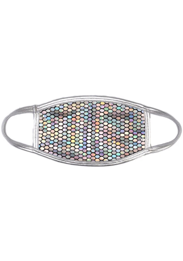 BGlittz Technicolor Dust Mask in metallic multi with honeycomb cut-out detail on breathable nylon rave festival face mask — front view