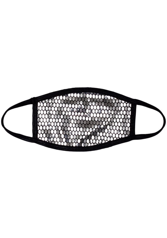 BGlittz Techno Dust Mask in metallic silver with honeycomb cut-out detail on breathable nylon rave festival face mask — front view