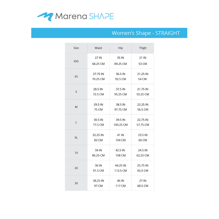 Marena Women's Shape Straight size chart, waist hip thigh point of measure