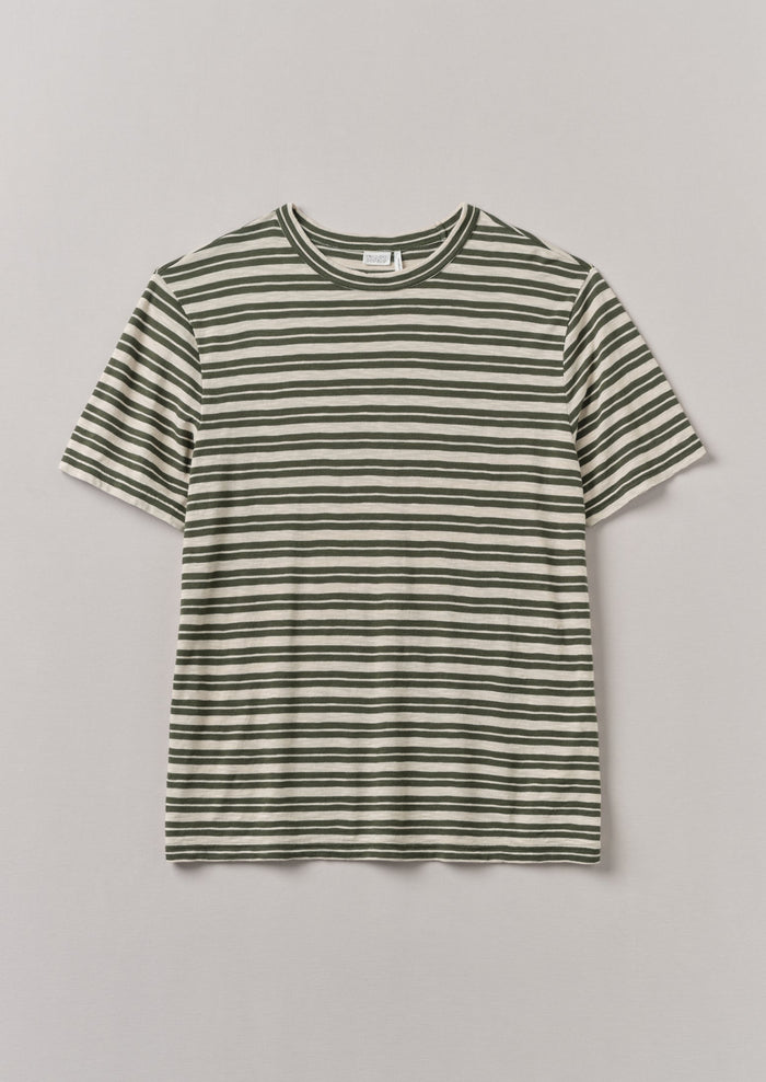 Theo Stripe Cotton Short Sleeve Tee | Dark Olive/Ecru