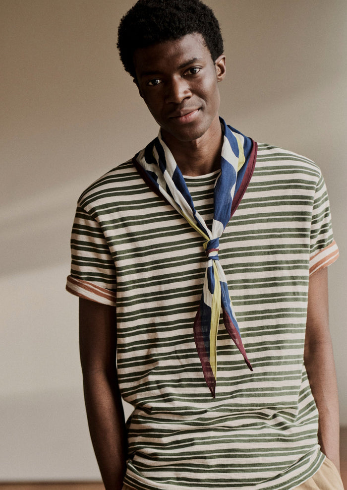 Theo Stripe Cotton Short Sleeve Tee | Dark Olive/Ecru