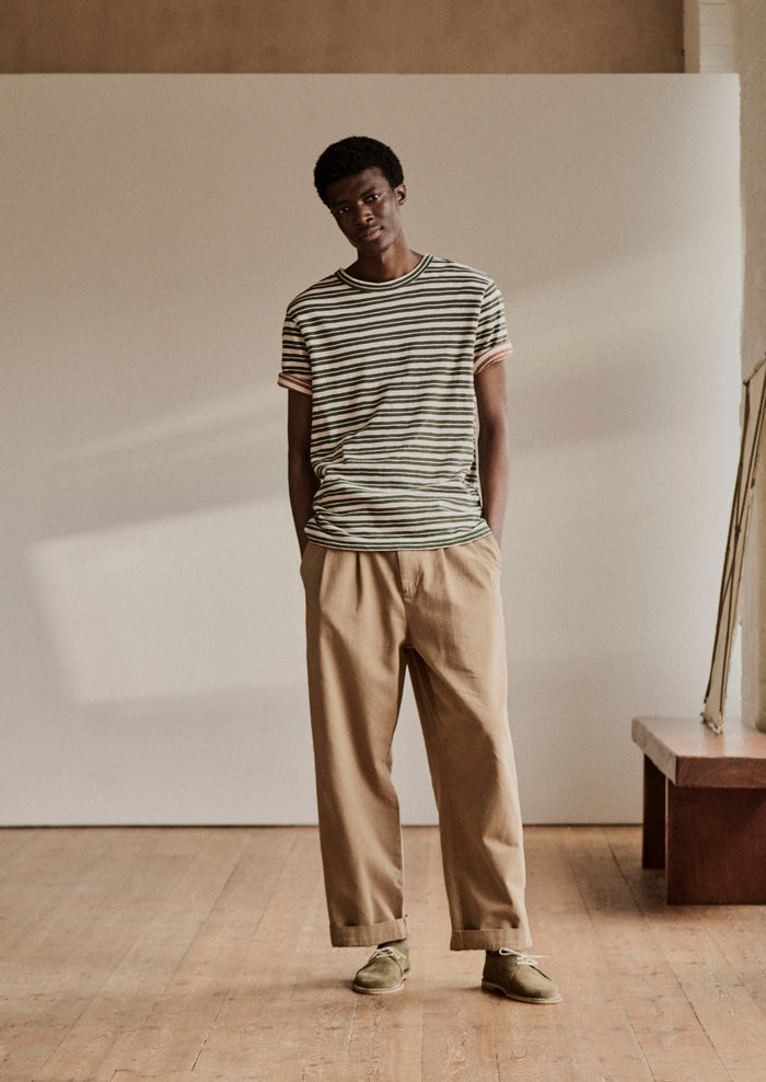 Theo Stripe Cotton Short Sleeve Tee | Dark Olive/Ecru