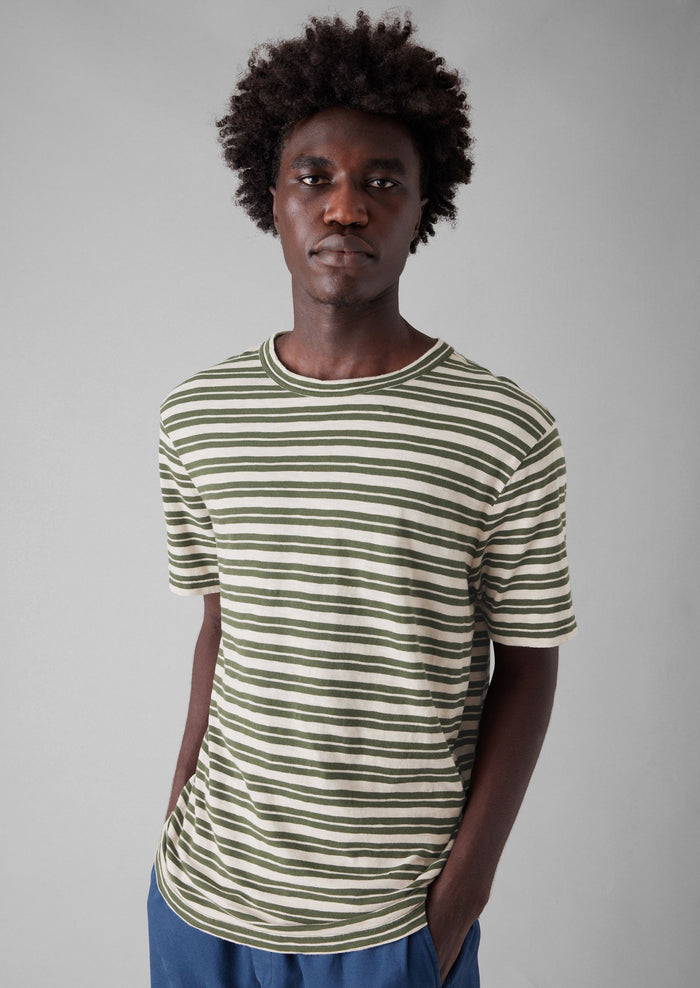Theo Stripe Cotton Short Sleeve Tee | Dark Olive/Ecru