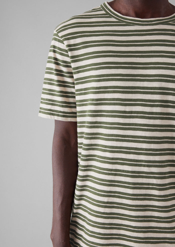 Theo Stripe Cotton Short Sleeve Tee | Dark Olive/Ecru