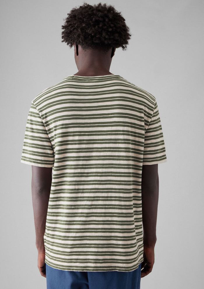 Theo Stripe Cotton Short Sleeve Tee | Dark Olive/Ecru