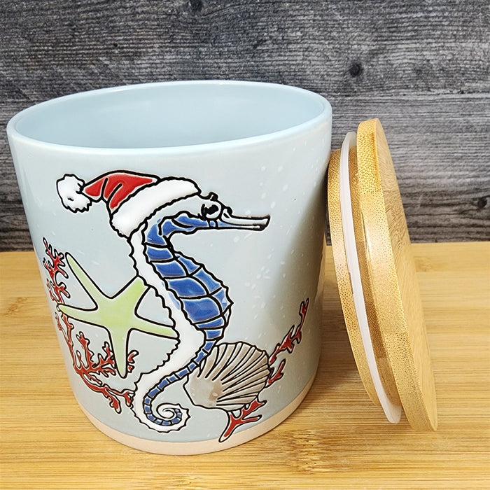 Tide of Festive Seahorse Canister & Wood Lid Embossed 5" Ceramic Jar Blue Sky