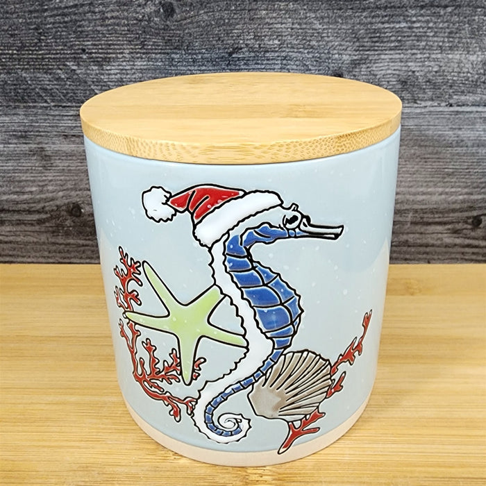 Tide of Festive Seahorse Canister & Wood Lid Embossed 5" Ceramic Jar Blue Sky