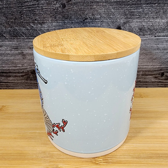Tide of Festive Seahorse Canister & Wood Lid Embossed 5" Ceramic Jar Blue Sky