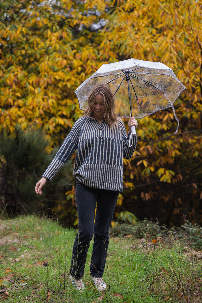 Tiff Oversized Wool Henley in Slate and Cream