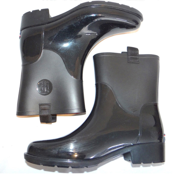 Tommy Hilfiger Khristie Black Boots Women 10M Glossy Matte Mid Calf Waterproof1