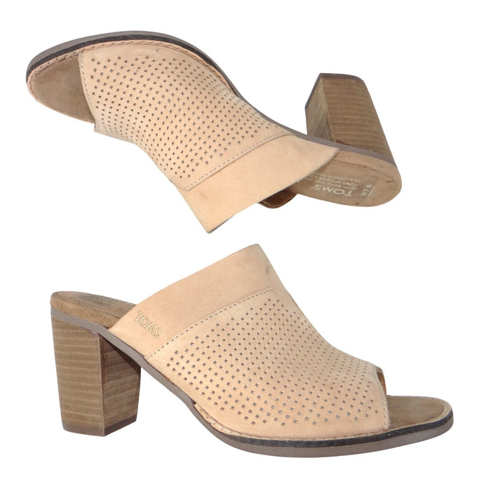 TOMS Majorca Perforated Suede Mules Sand Tan Block Heel Sandals Womens 7.50