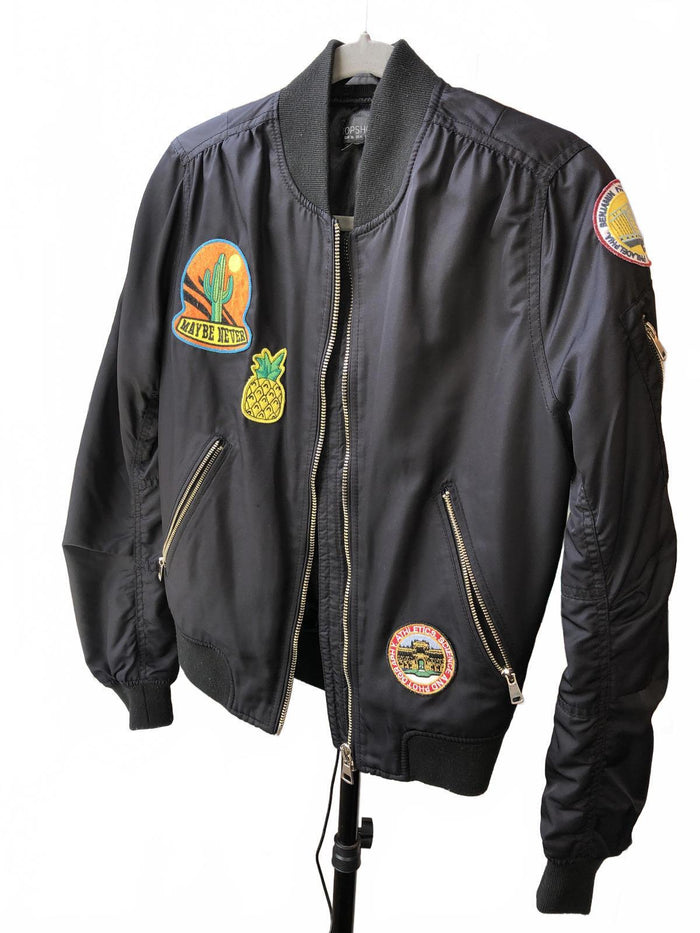 TOPSHOP Stylish Black Bomber Jacket with Patches0