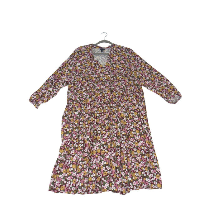 Torrid Floral Babydoll Dress Size 3 3X Burgundy Pink V Neck Tiered 3/4 Sleeve0