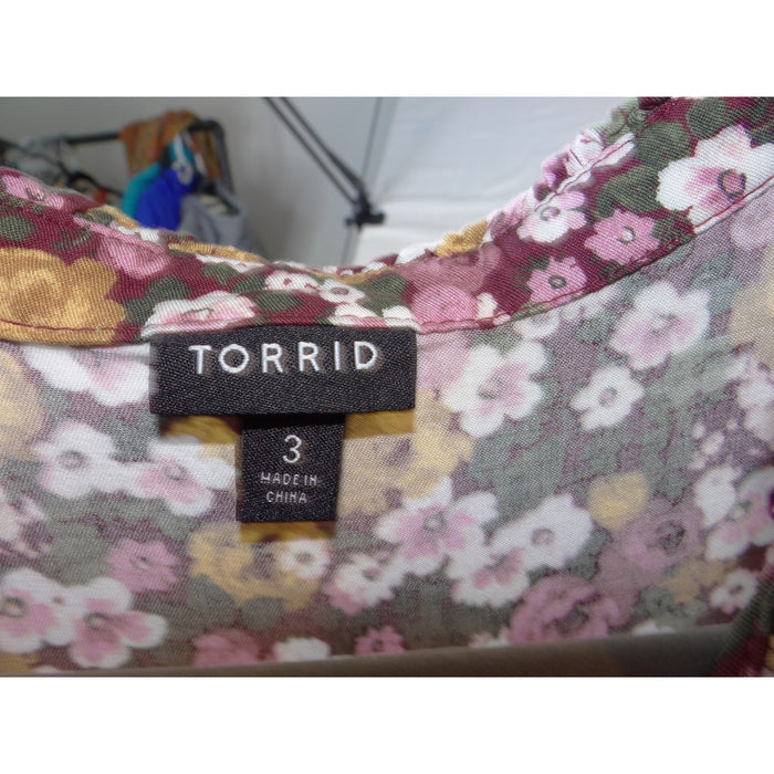 Torrid Floral Babydoll Dress Size 3 3X Burgundy Pink V Neck Tiered 3/4 Sleeve2