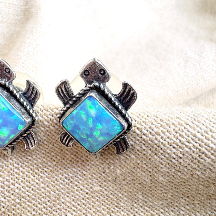 Turtle stud post pierced earrings - sterling and lab-created blue fire opal - NextStage Vintage