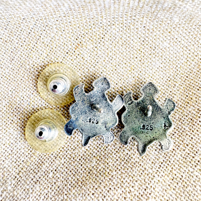 Turtle stud post pierced earrings - sterling and lab-created blue fire opal - NextStage Vintage