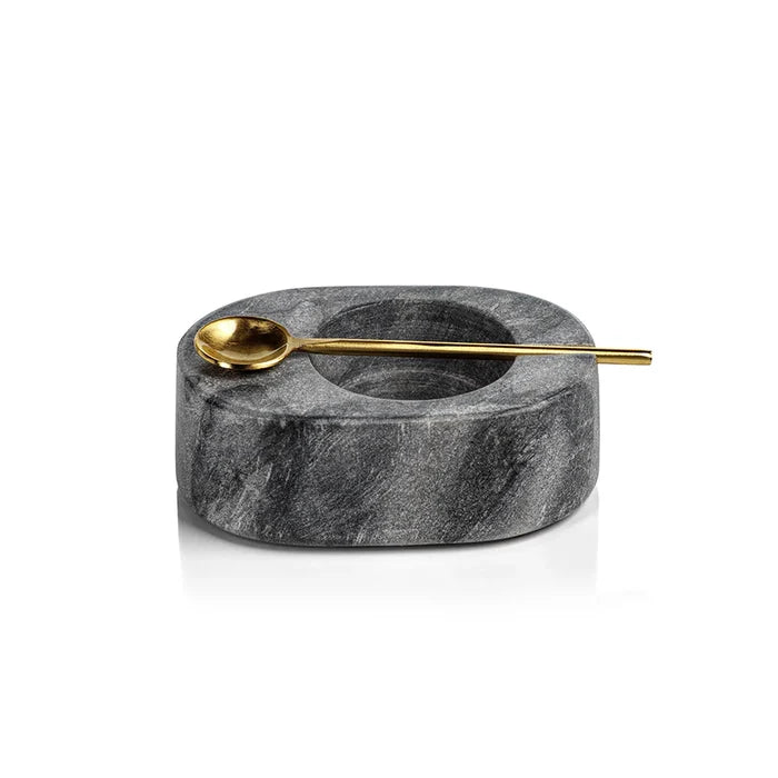 TUSCAN MARBLE SALT AND PEPPER BOWL WITH GOLD SPOON -  GRAY