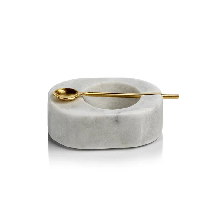 TUSCAN MARBLE SALT AND PEPPER BOWL WITH GOLD SPOON  - WHITE