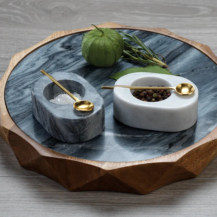 TUSCAN MARBLE SALT AND PEPPER BOWL WITH GOLD SPOON  - WHITE