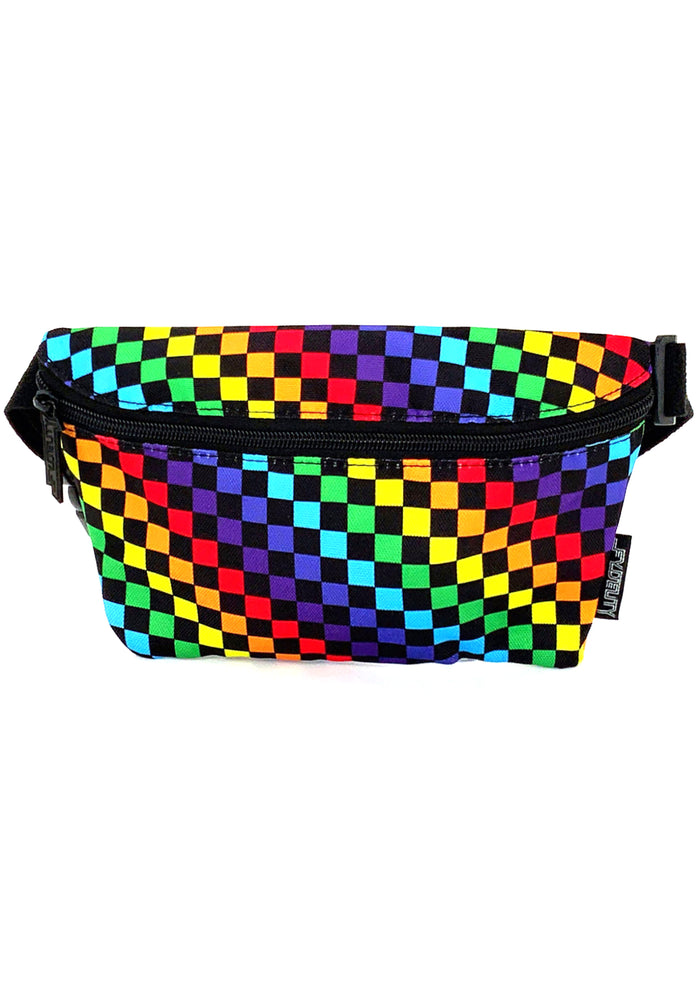 Fydelity Ultra Slim Bold and Proud Rainbow Fanny Pack with rainbow checker print on festival belt bag — front view