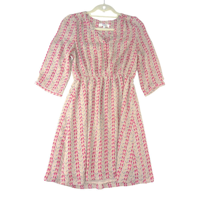Umgee USA Womens Tan Pink Bird Print V Neck Button Front Elastic Waist Dress M0