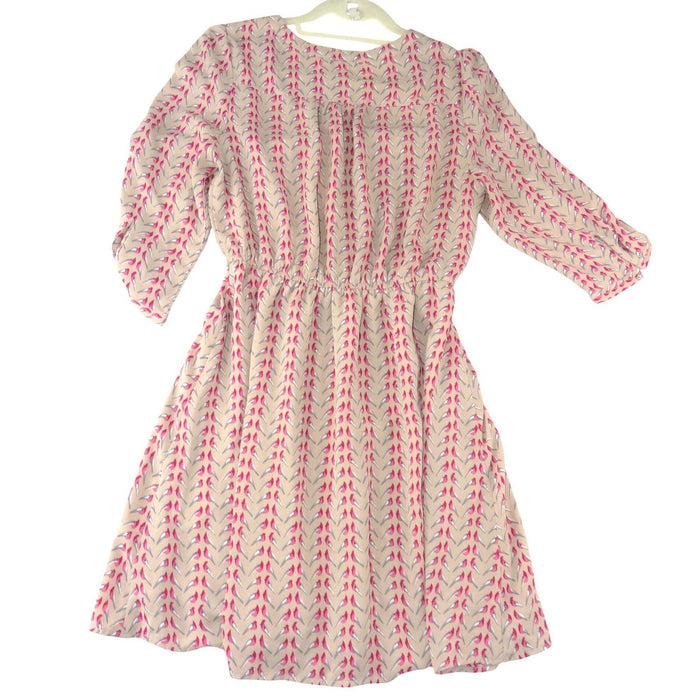 Umgee USA Womens Tan Pink Bird Print V Neck Button Front Elastic Waist Dress M2