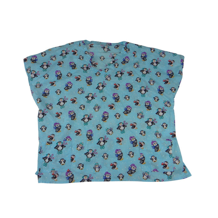 Unbranded Blue Penguin Winter Print V Neck Scrub Top Short Sleeve Pockets 38780