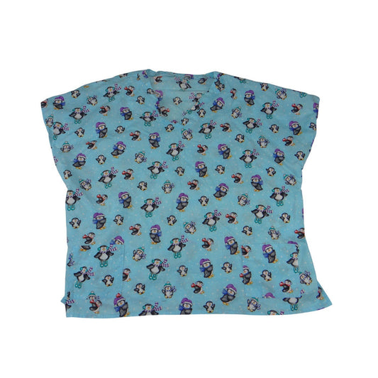 Unbranded Blue Penguin Winter Print V Neck Scrub Top Short Sleeve Pockets 38780