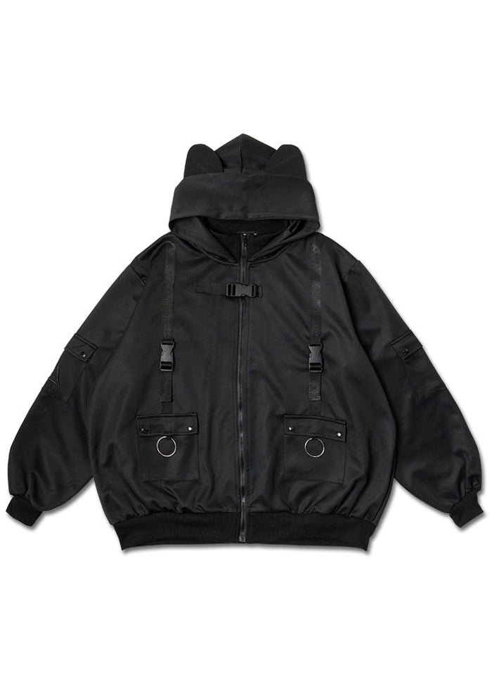 ACDC Rag Uzurai Cyberpunk Tech Oversized Black Jacket in black tech fabric with oversized silhouette on rave festival jacket — front flat lay