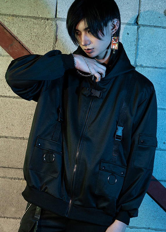 ACDC Rag Uzurai Cyberpunk Tech Oversized Black Jacket in black tech fabric with oversized cyberpunk fit on rave festival jacket — worn front view