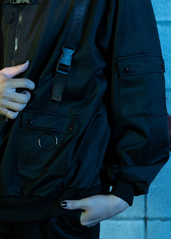 ACDC Rag Uzurai Cyberpunk Tech Oversized Black Jacket in black tech fabric with cyberpunk hardware detail on rave festival jacket — close-up detail