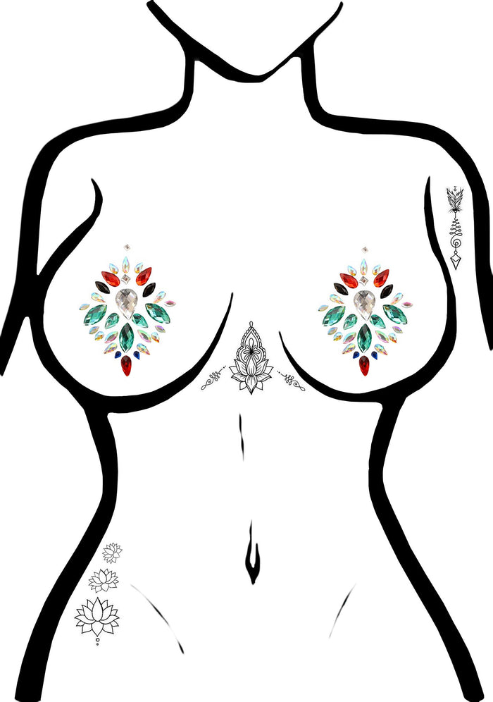 Leg Avenue Vega Jeweled Nipple Pasties in multicolor with waterproof adhesive on festival tops — model view