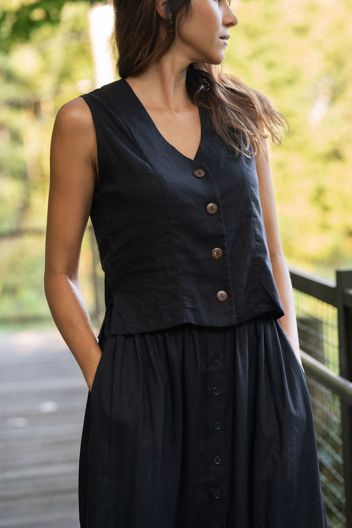 Vest Shirt in Black Linen - XL Left