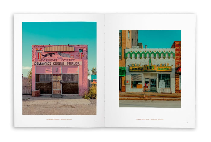 Two images of colorful buildings, one pink and one with green and white accents, against a blue sky.