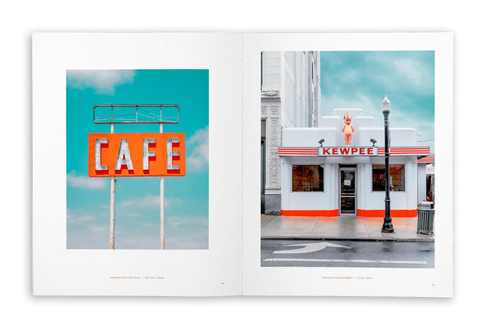 Open book showing two photographs: one of a 'CAFE' sign and another of a building with 'KEWPEE' branding.