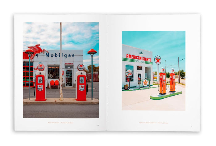 Open book showing two pages with images of gas stations and vintage gas pumps.