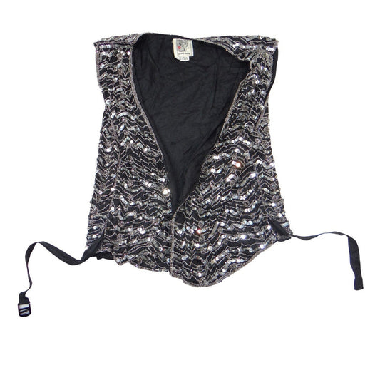 Vintage B'way Rose Vintage 100% Silk Beaded Sequin Vest Black Silver Chevron ish0