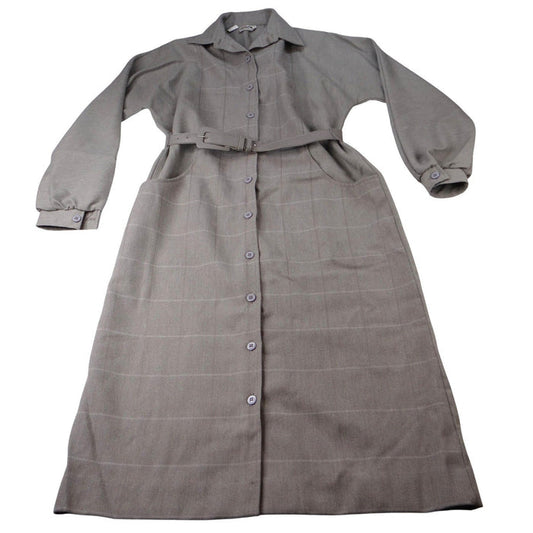 Vintage Country Miss Grey Plaid Button Front Belted Dress Women's Size 8 Wool0