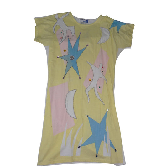 Vintage Erez Sport Yellow Pastel Colorblock Beaded Star T Shirt Dress Large 39280