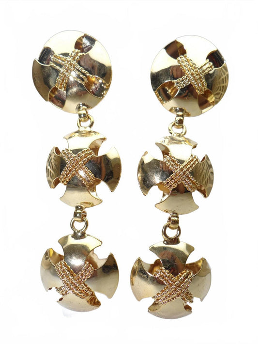 Vintage Gold Tone Triple Disc Drop Earrings0