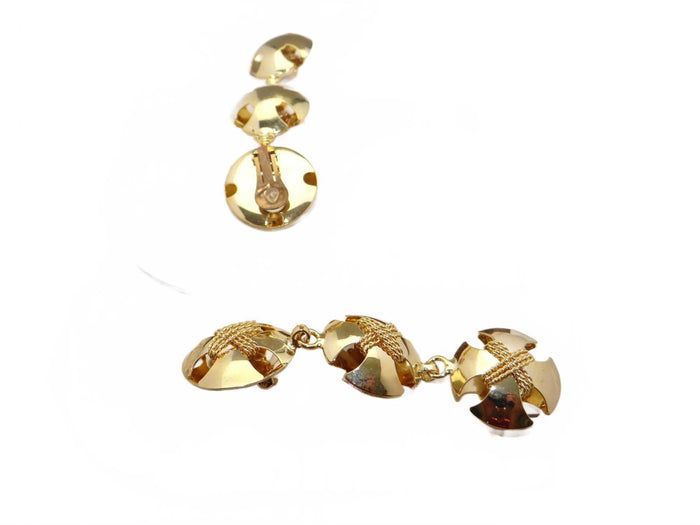 Vintage Gold Tone Triple Disc Drop Earrings2