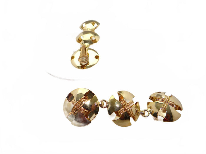 Vintage Gold Tone Triple Disc Drop Earrings3