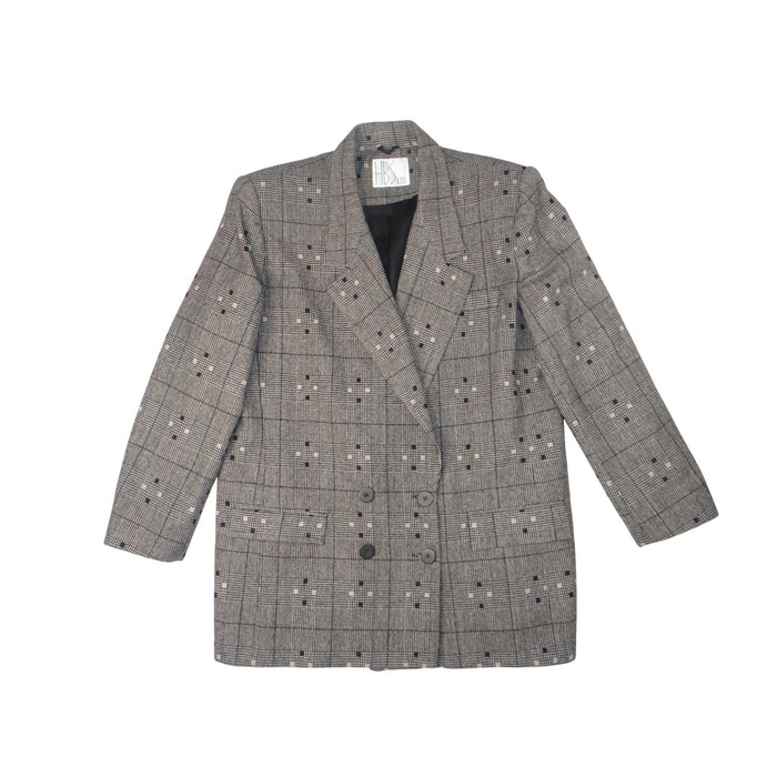 Vintage HBS LTD Trendy Plaid Double Breasted Blazer Jacket Gray Black White0