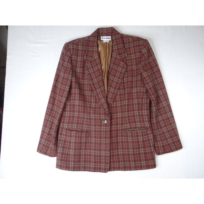 Vintage Joan Leslie Women's Plaid Blazer Jacket Sz14 Red Brown Gold Tweed Lined0
