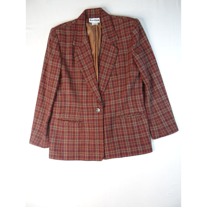 Vintage Joan Leslie Women's Plaid Blazer Jacket Sz14 Red Brown Gold Tweed Lined3